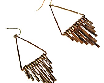 Triangle Shape Earrings with Long Dangle Bars, Gold Tone, Wires Pierced Ears, Vintage Jewelry