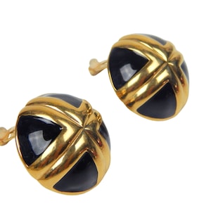 Chunky Dome Earrings Black Enamel and Gold Tone Clip On Statement Earrings, Vintage 1980s Jewelry