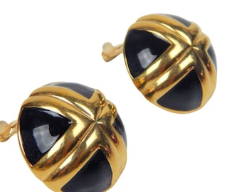 Chunky Dome Clip On Earrings Black Enamel and Gold Tone Clip Ons Statement Earrings, Vintage 1980s Jewelry