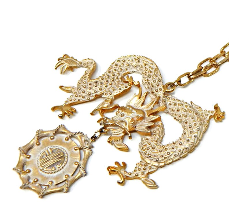 Signed Hobe Chinese Dragon Massive Pendant White Wash Over Gold Tone Statement Necklace Dangle Medallion