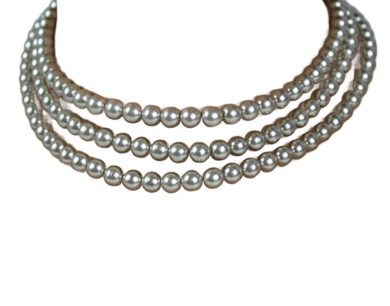 Faux Pearl Choker Necklace Three Strand Silvery G… - image 7