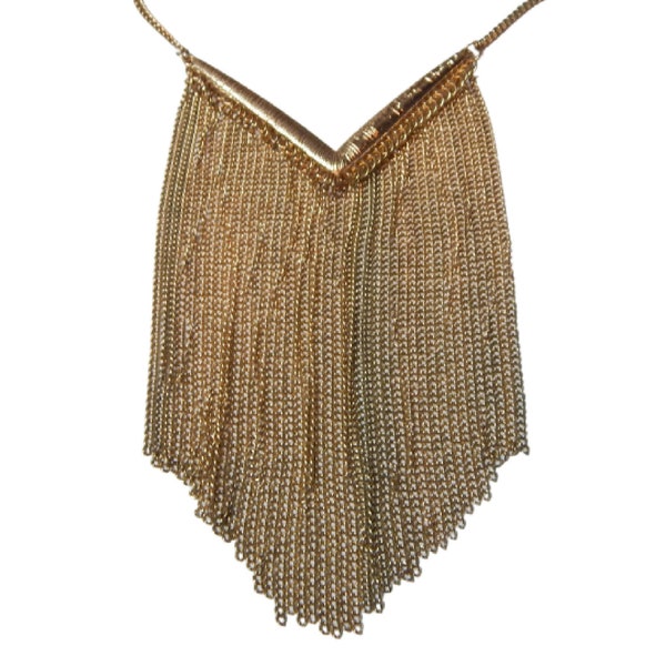 Multi Chains Drippy Bib Necklace Waterfall Necklace Gold Tone Statement Fringe Necklace Vintage Jewelry