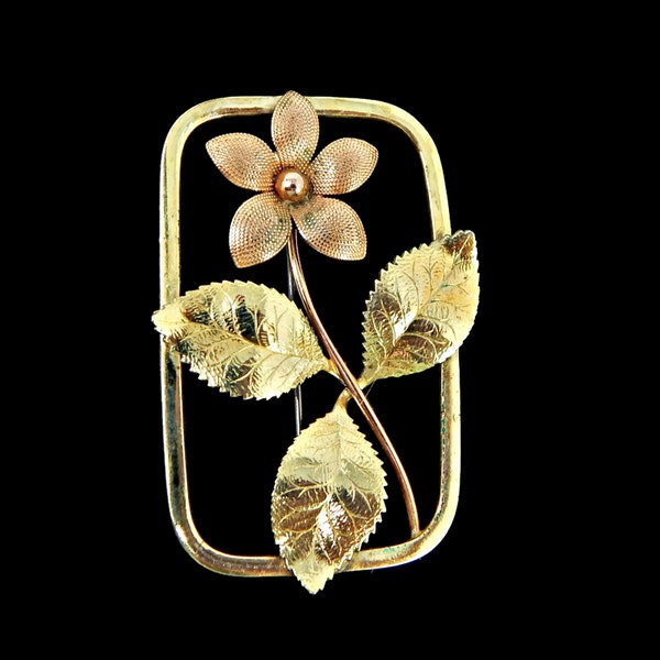 Rectangle Flower Brooch Open Framed in Mixed Metals of Copper and Gold Tone Frame Vintage Jewelry