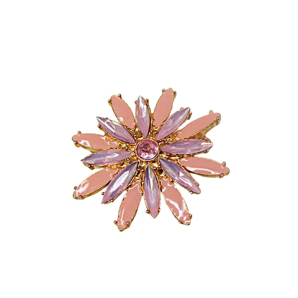 Flower Brooch in Pink Enamel and Orchid Acrylic Navette Rhinestones on Gold Tone, Vintage Jewelry