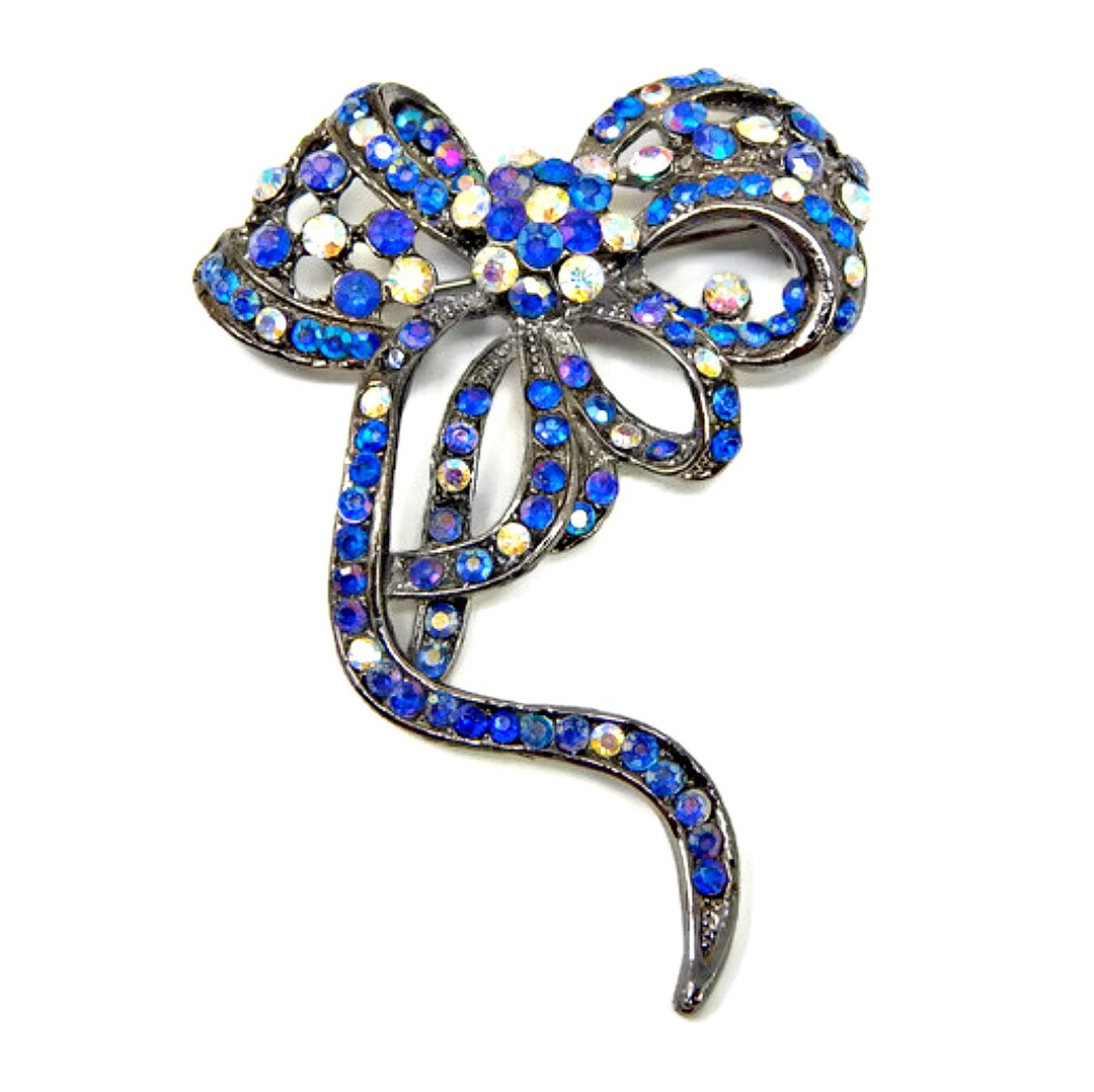 Rhinestone Long Flowing Ribbons and Bow Brooch Blue and Clear Etsy
