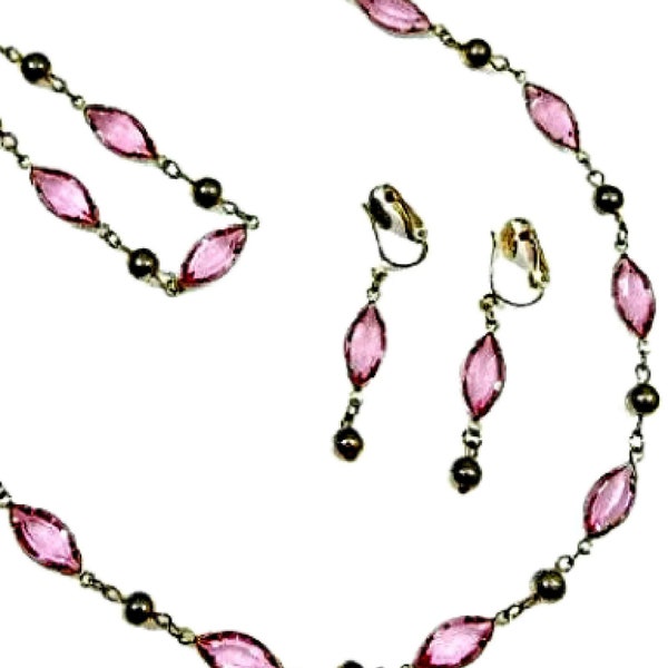 Marquise Pink Crystal Glass Bracelet Necklace and Dangle Earrings Bezel Set in Gold Tone  Jewelry Set Vintage