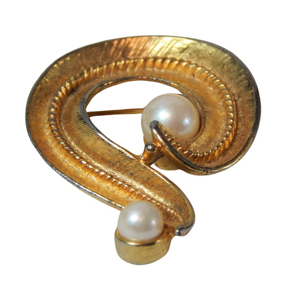 Double Faux Pearl Paisley Swirl Brooch Gold Tone,  Vintage Jewelry