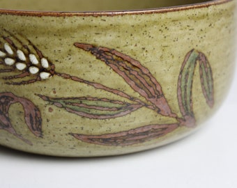 Art Pottery Bowl Artisan Made Sea Oats Design Greenish Brown Vintage 7" X 3.25"