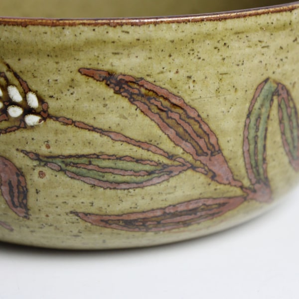 Art Pottery Bowl Artisan Made Sea Oats Design Greenish Brown Vintage 7" X 3.25"