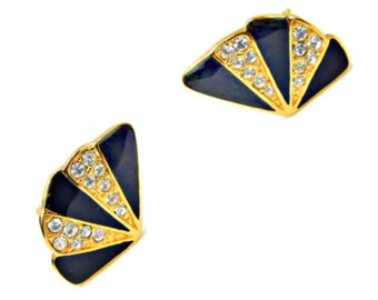 Monet Rhinestone Earrings on Black Enamel and Gold Tone , Fan Shaped Clip On Earrings Signed Vintage Jewelry