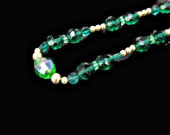 Green Crystal Beaded Necklace, Emerald Green Beads with Gold Tone Metal Beads Necklace, AB Bead Centerpiece, Vintage Jewelry