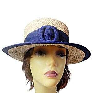 Vintage Straw Boater Hat: Broad Brim, Navy Grosgrain Ribbon, 1950s Fashion