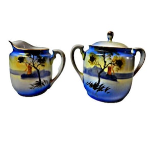 Noritake Nippon Porcelain Sugar Bowl and Creamer Set Hand Painted with Gold Trim Vintage 1940s