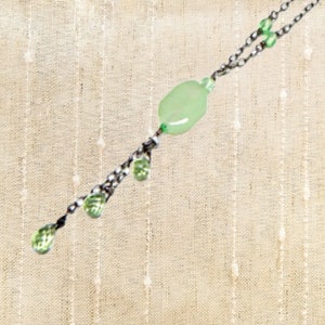 Sterling Silver Green Glass Y Station Necklace Pendant with Dangle Crystals Vintage Jewelry