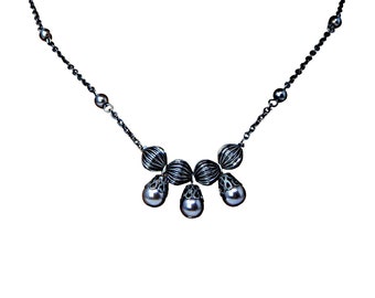 Dangle Black Glass Pearls Bead Station Necklace on Blackened Chain Vintage Jewelry