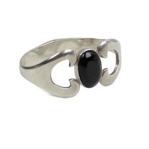 Old Taxco Sterling Silver Bracelet Clamper Bracelet with Black Cabochon Vintage Jewelry