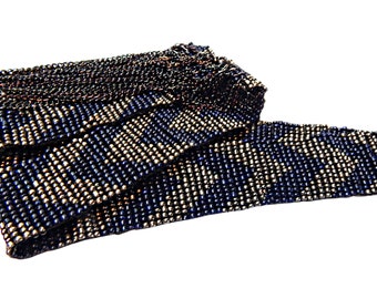 Glass Seed Bead Woven Necklace with Dangle Chains, Dark Blue and Gold, Vintage Jewelry