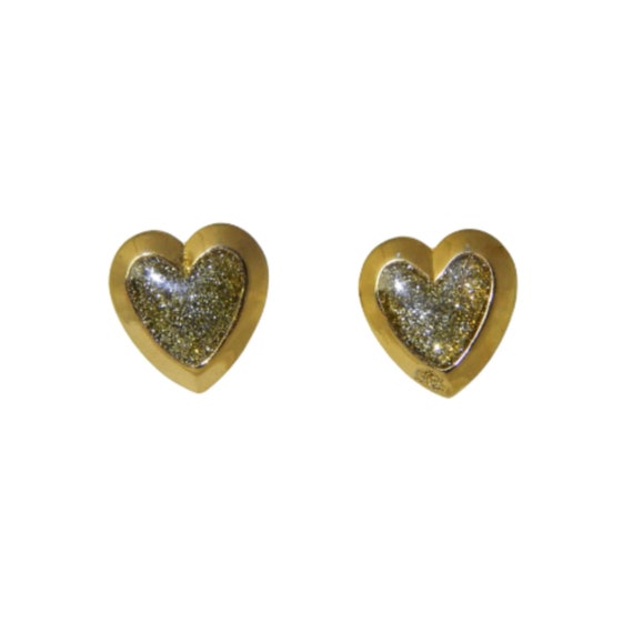 Gold Heart Earrings, Enameled Gold Glitter Heart … - image 1