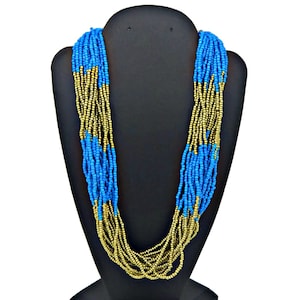 Multi Strand Glass Beaded Necklace 17 Strand Golden Green and Blue Glass Seed Bead Necklace Statement Necklace Vintage Jewelry