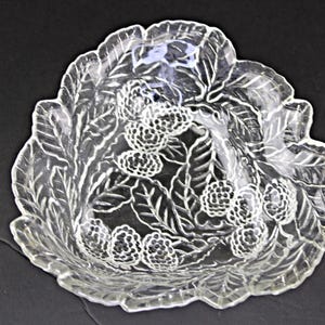 Indiana Glass Loganberry Depression Glass Bon Bon Bowl Clear , Fruit Pattern, Candy Dish, Triangular Shape Vintage Glassware