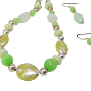 Art Glass Bead and Crystals Jewelry Set Choker Necklace and Dangle Wire Earrings Green White Glass and Silver Tone Beads  Vintage Jewelry