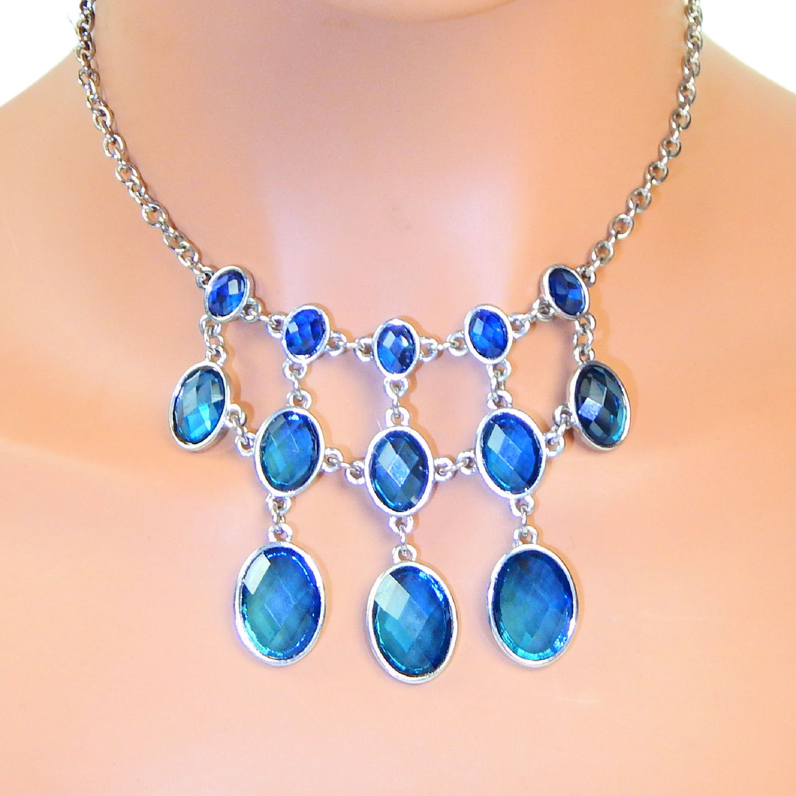 Blue Faceted Rhinestone Bib Necklace 3 Row Statement Bib Etsy