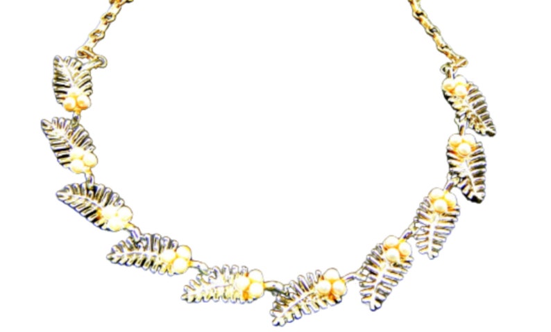 Cut Out Leaves Necklace with White Pearl Berries Gold Tone Signed Coro Vintage Mid Century