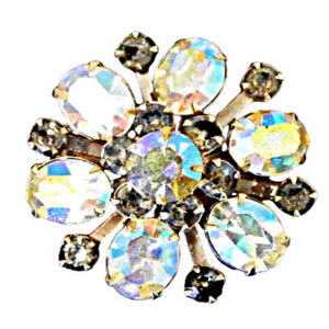 Small Rhinestone Brooch, Clear AB and Gray Rhinestone Starburst Pin, Riveted and Layered, Gold Tone, Vintage Jewelry 1950s