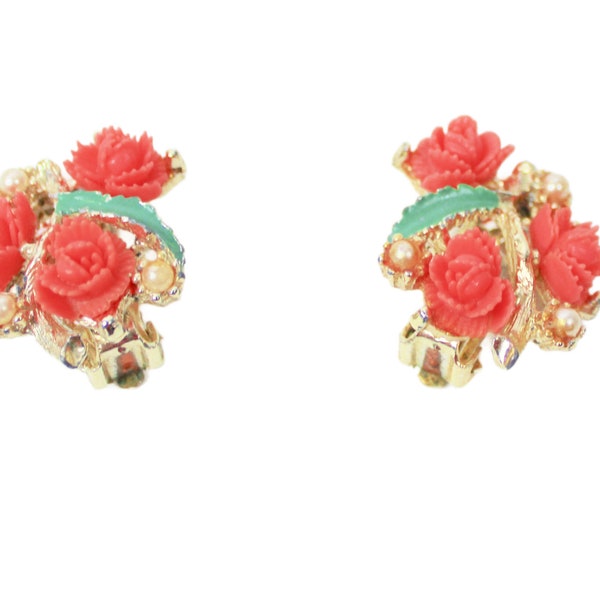 Molded Coral Color Flower Earrings  with Faux Pearls Clip On Earrings Vintage Jewelry