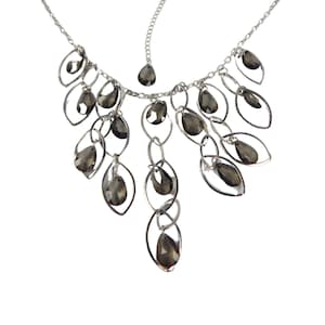Vintage Rhinestone Bib Necklace: Grey & Black Teardrop Acrylic, Silver Tone