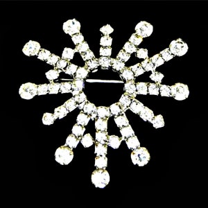 Atomic Crystal Rhinestone Brooch Prong Set Rhinestones Starburst Pin on Silver Tone Vintage Jewelry