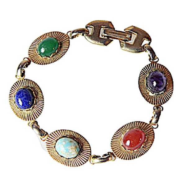 Colorful Natural Gemstone Link Bracelet, Carnelia… - image 2