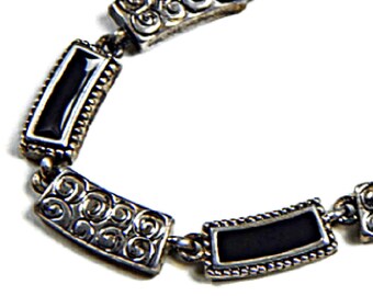 Black Enamel on Silver Silver Tone  Panel  Necklace, Chunky Curved Rectangle Links Choker Necklace,  Vintage Jewelry