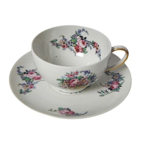 Haviland Limoges France Floral Tea Cup and Saucer Set with Gold Trim Vintage 1940s
