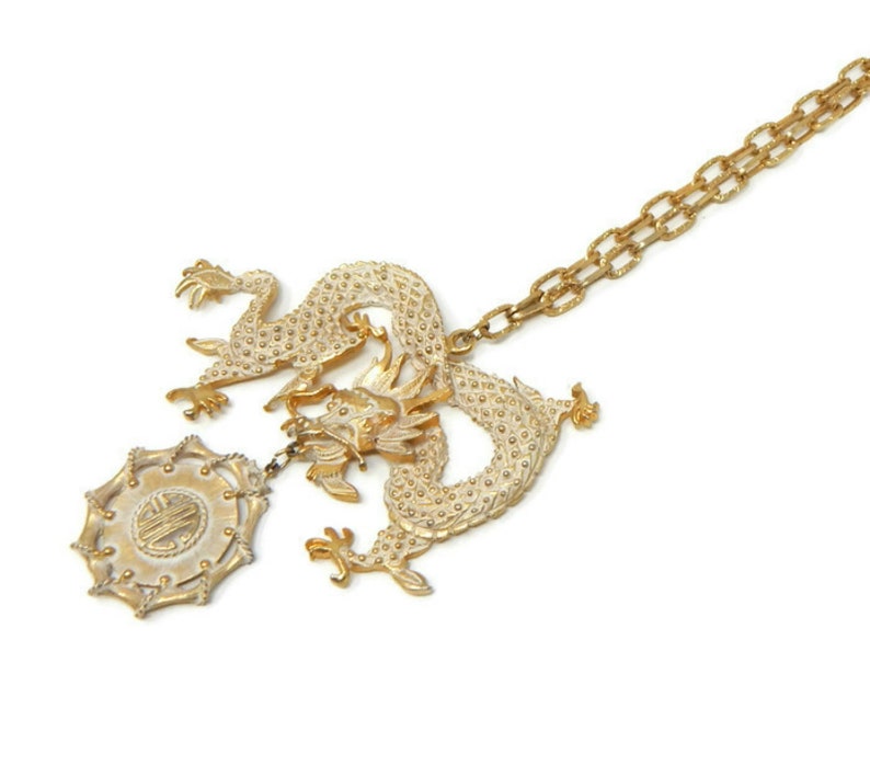 Signed Hobe Chinese Dragon Massive Pendant White Wash Over Gold Tone Statement Necklace Dangle Medallion