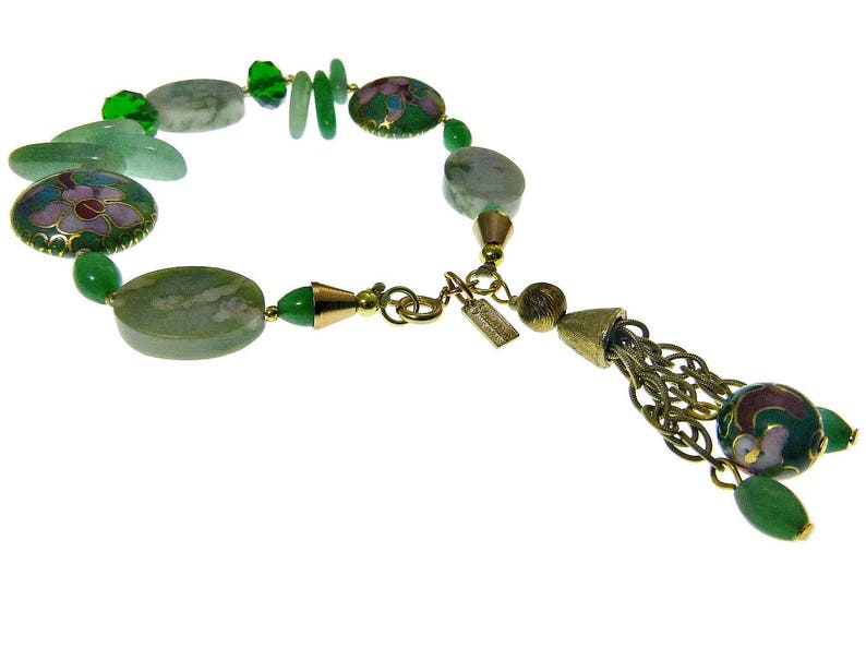 Vendome Jewelry Set Necklace Bracelet Earrings Jade Pink Floral Cloisonne Crystal Beads and Rhinestone Rondelles Tassel Signed