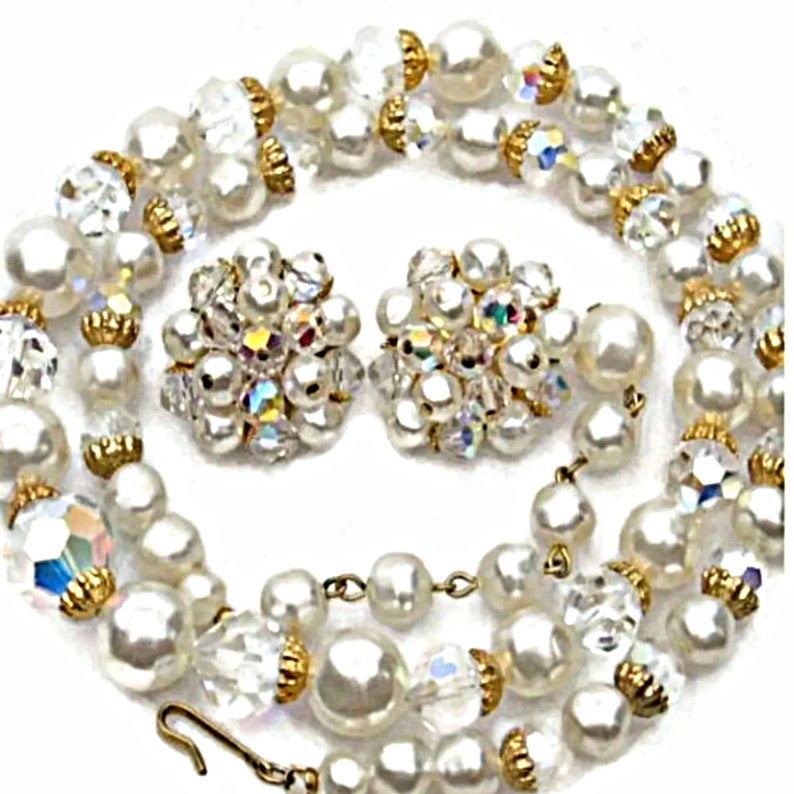 Pearl and Crystal Beaded Jewelry Set White Bead and AB Etsy