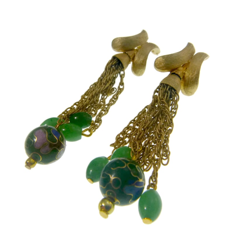 Vendome Jewelry Set Necklace Bracelet Earrings Jade Pink Floral Cloisonne Crystal Beads and Rhinestone Rondelles Tassel Signed