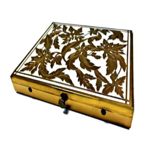 Rex Fifth Avenue Art Nouveau Powder Compact, White Enamel with Embossed Brass Leaves,  Vintage 1950s