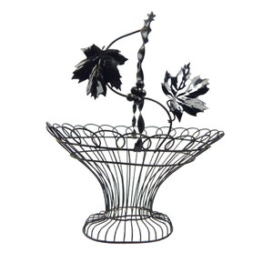 Metal Wire Pedestal Basket Black with Ivy Leaves and Twisted Handle 11 X 13 Vintage