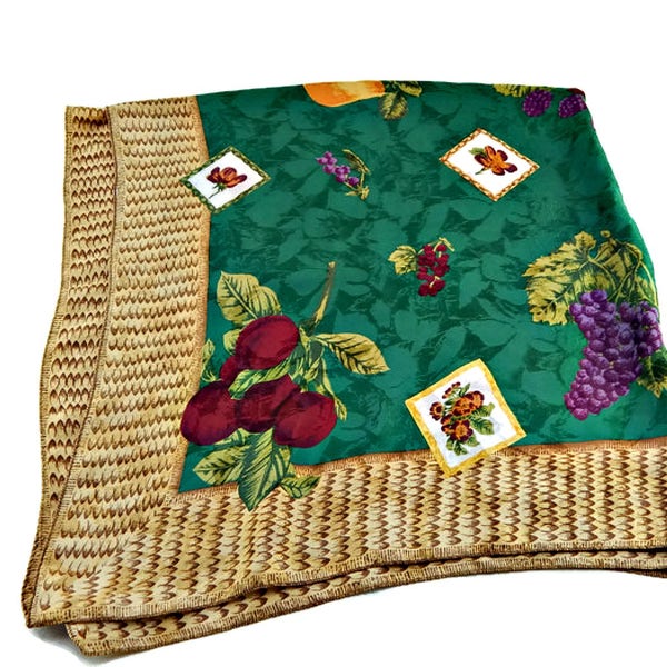 Designer Emerald Green Silk Scarf with Fruit Large Square Scarf Signed Designer R Zanghelli 36 inches  Vintage 1980s