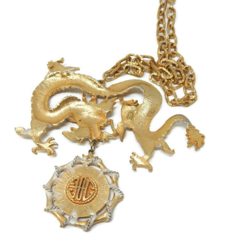 Signed Hobe Chinese Dragon Massive Pendant White Wash Over Gold Tone Statement Necklace Dangle Medallion
