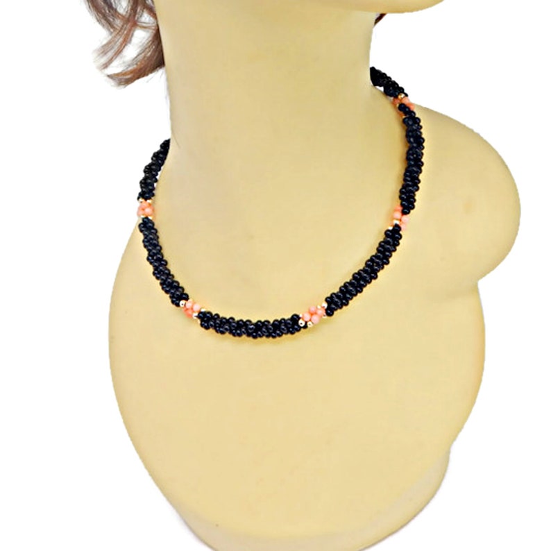 Onyx Bead Necklace Vintage Jewelry Black Onyx and Pink Coral Necklace Gemstone Bead Necklace Beaded Necklace Coral Bead Necklace
