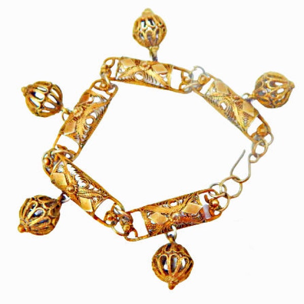 Dangle Ball Charms Bracelet Middle Eastern Brass Filigree with Domed Rectangle Panels in Gold Tone, Vintage Jewelry