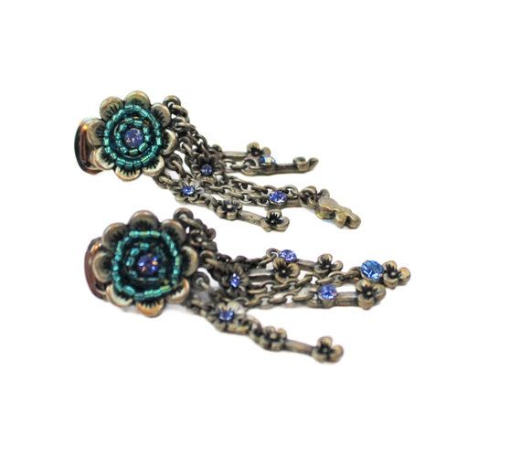 Dangle Blue Rhinestone Flower Earrings Oxidized S… - image 2