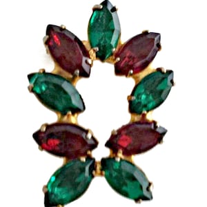 Rhinestone Brooch Red and Green Rhinestones Marquise Cut on Gold Tone Vintage Jewelry