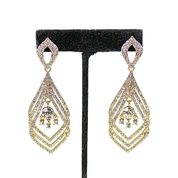 Crystal Rhinestone Dangle Earrings Long Statement… - image 2