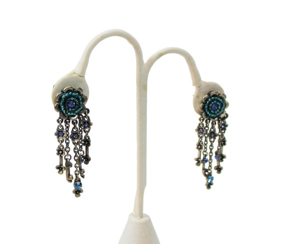 Dangle Blue Rhinestone Flower Earrings Oxidized S… - image 4