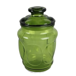 Vintage Indiana Glass Canister Apothecary Jar w Lid Oval Bubbles Green 8&quot; Tall w Lid Oval Bubbles Green 8&quot; Tall