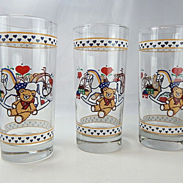 Teddy Bear Rocking Horse Glasses Country Kitchen Glassware Set of 3, Vintage